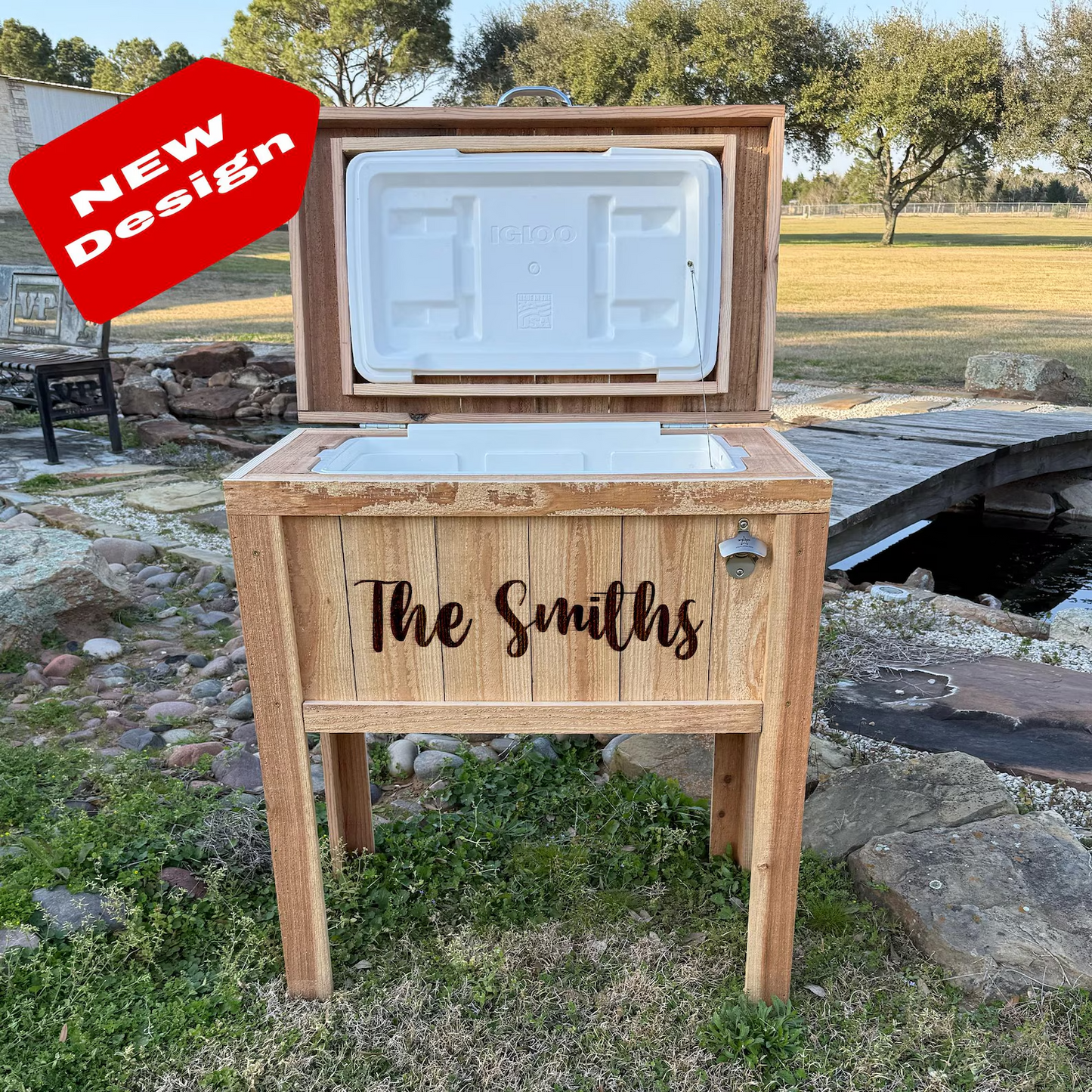 Personalized 48 qt wood cooler. Excellent patio accessory item! NEW DESIGN