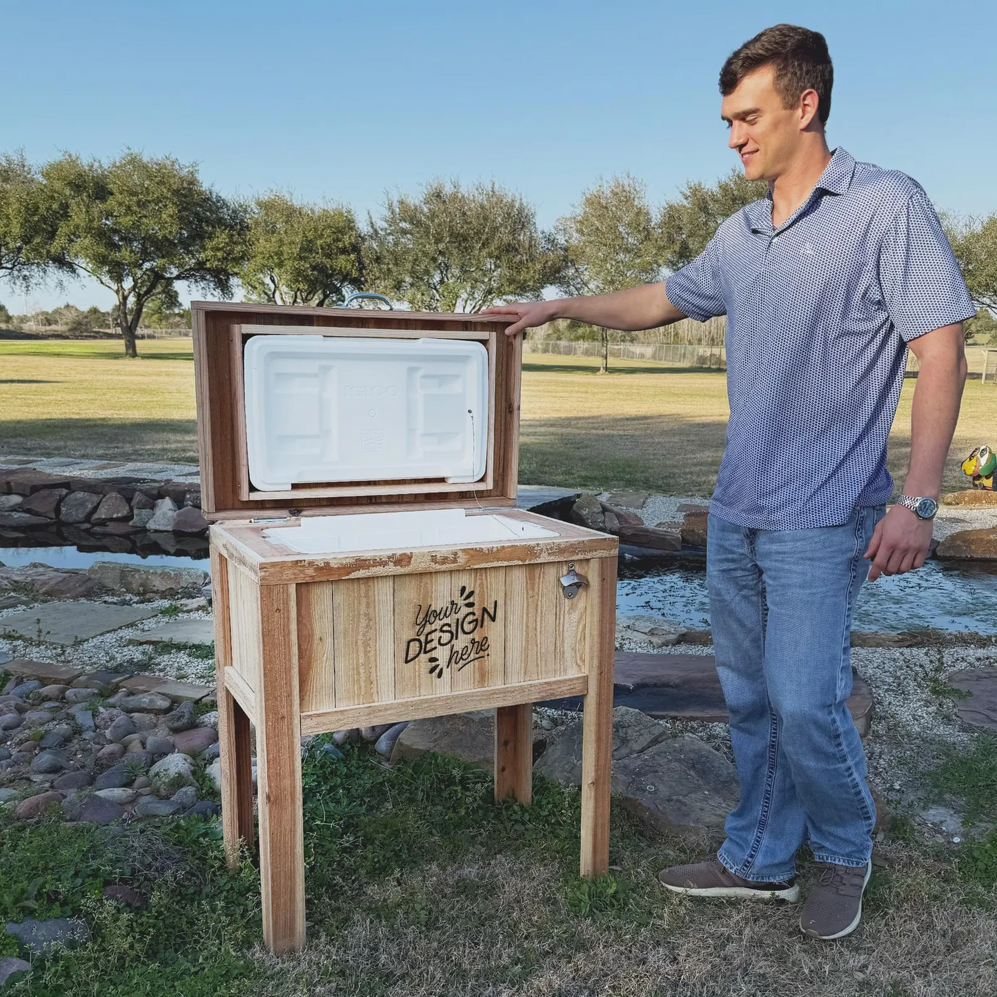Personalized 48 qt wood cooler. Excellent patio accessory item! NEW DESIGN