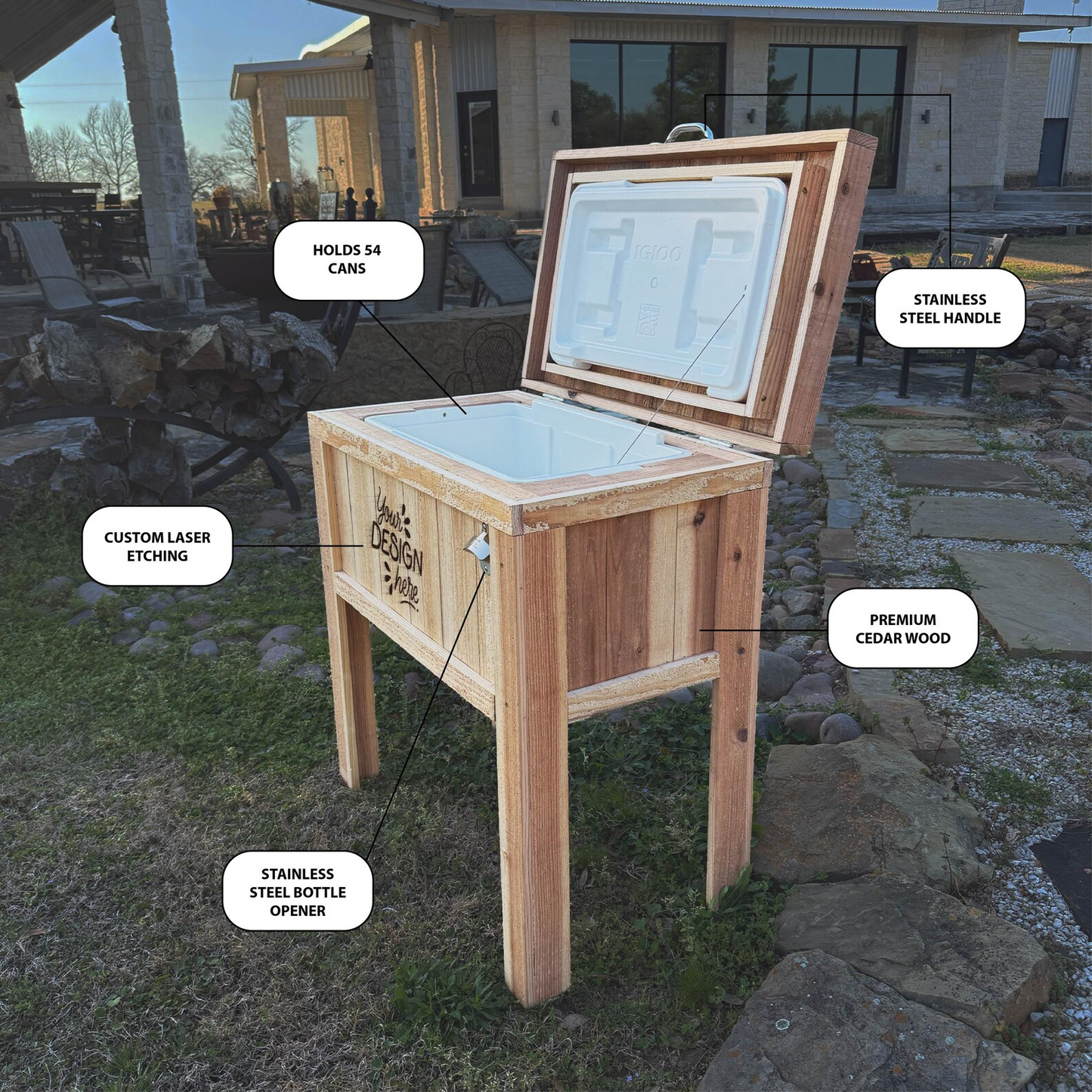 Personalized 48 qt wood cooler. Excellent patio accessory item! NEW DESIGN